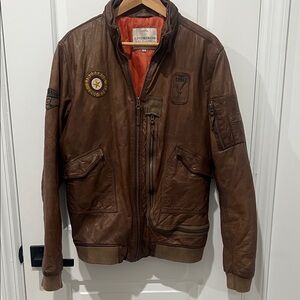 Lindbergh Brown Leather Bomber Jacket for Men, Size Medium